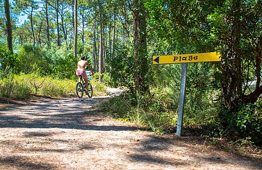 Cycliste sur chemin forestier vers la plage au camping LIBRANOO Naturiste Arnaoutchot.