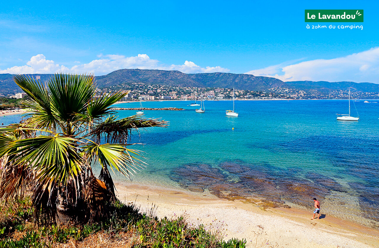 Plage de sable fin et mer turquoise au Lavandou, C�te d'Azur.