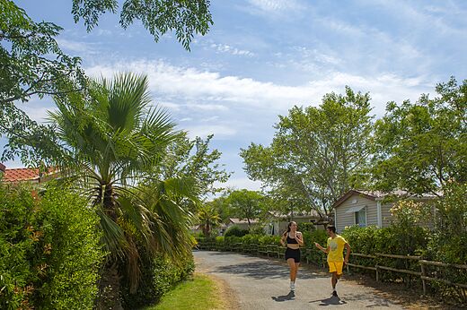 Deux personnes faisant du jogging sur un chemin verdoyant au camping CAPFUN Barbacane à NARBONNE (11).