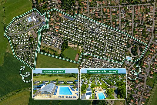 Vue aérienne du camping, Mobil-homes et piscines au CLICOCHIC Brise de Cabourg (14).