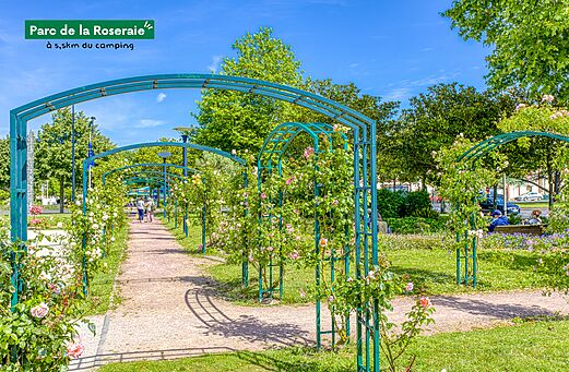 Allée fleurie avec arches de roses au Parc de la Roseraie, proche du camping.