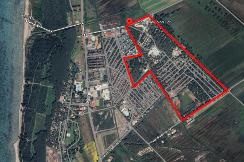 Plan a�rien du camping CAPFUN Campo dei Fiori, h�bergements, plage � Rosignano Marittimo (57).