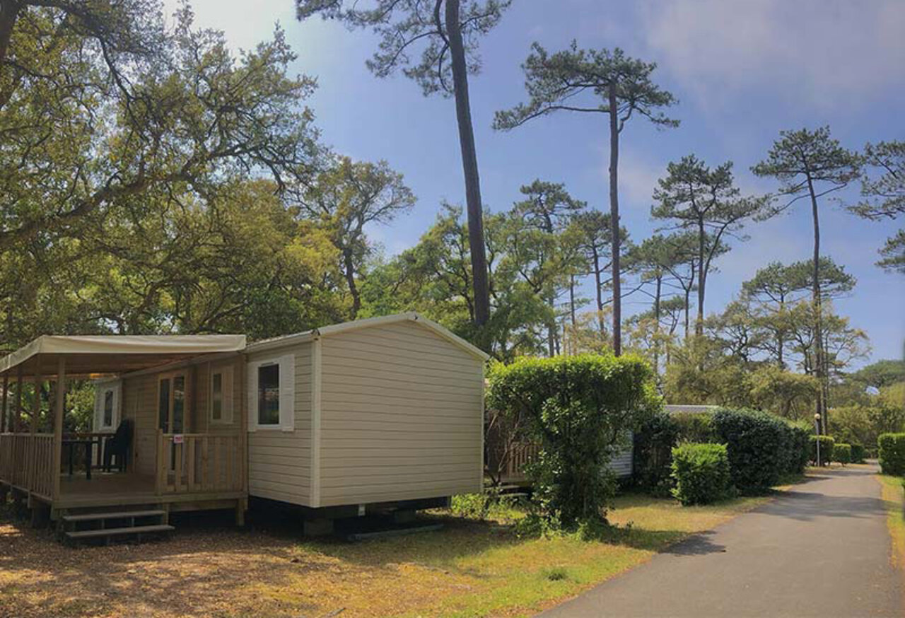 Mobil-home avec terrasse en bois, au camping VAGUES OCEANES Les Cigales � Moliets-Plage.