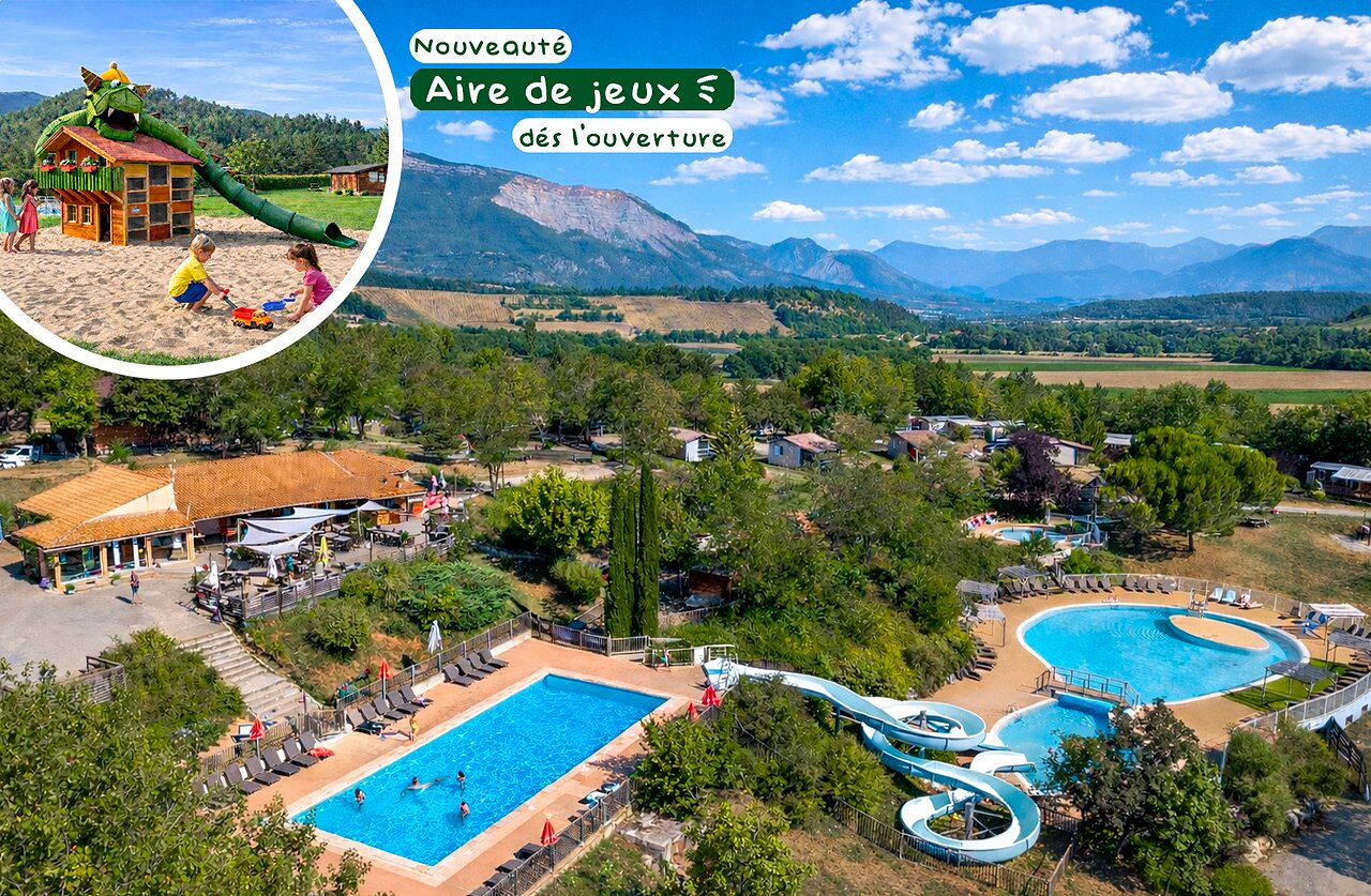 Nouvelle aire de jeux dragon, piscines et toboggans au camping CLICOCHIC Couriou � Recoubeau-Jansac (26).
