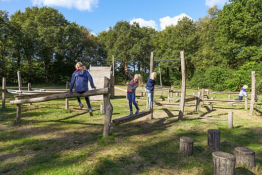 Enfants jouant sur un parcours d'aventure en bois au camping CAPFUN De Eikenhof � Paasloo/Oldemarkt.