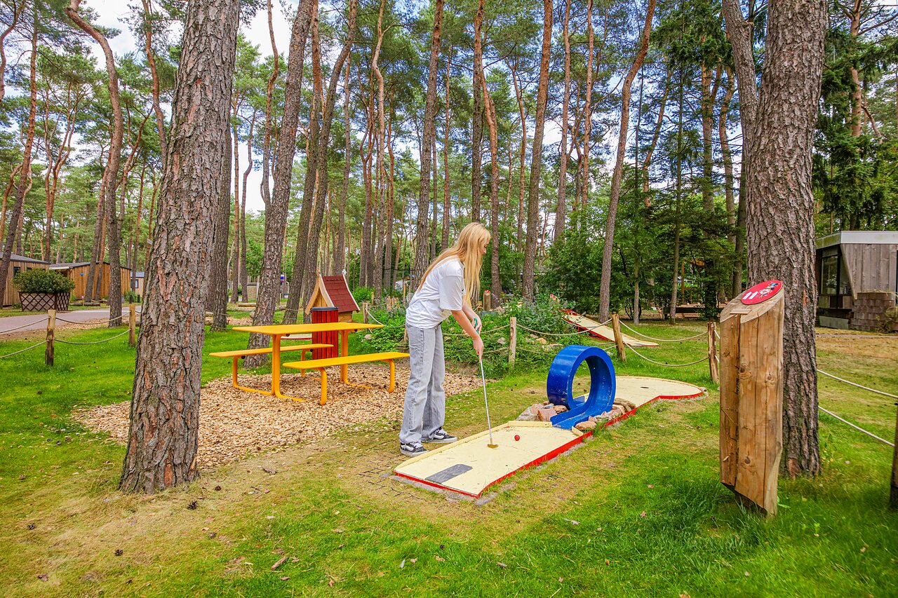 Personne jouant au mini-golf parmi les pins au camping CAPFUN De Scheepsbel � Doornspijk.