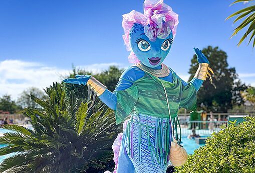 Mascotte sir�ne bleue et verte animant la piscine au camping VAGUES OCEANES Elys�e � Le Grau du Roi (30).