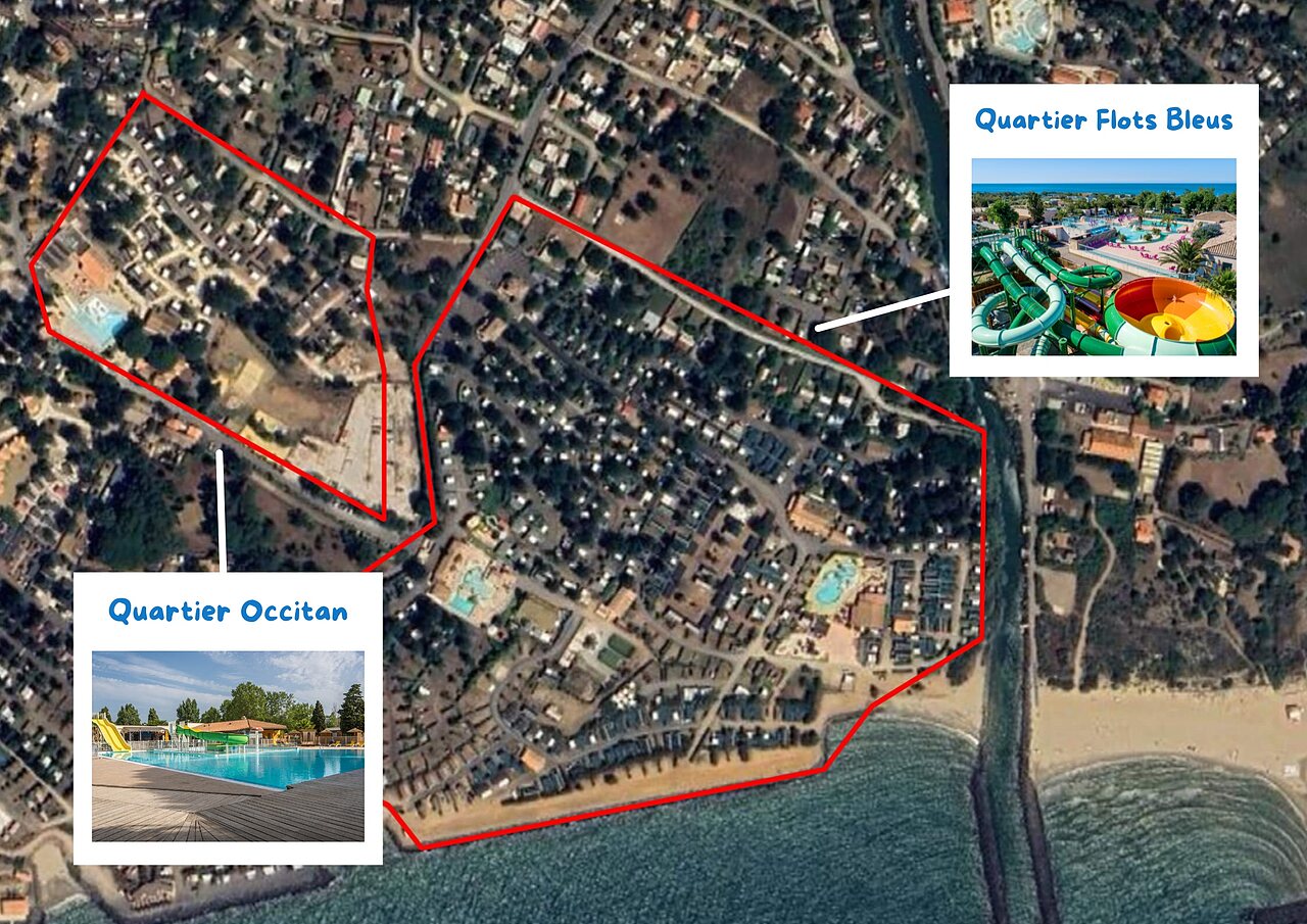 Vue a�rienne du camping avec piscines et toboggans aquatiques, CAPFUN Flots Bleus � VIAS PLAGE (34).