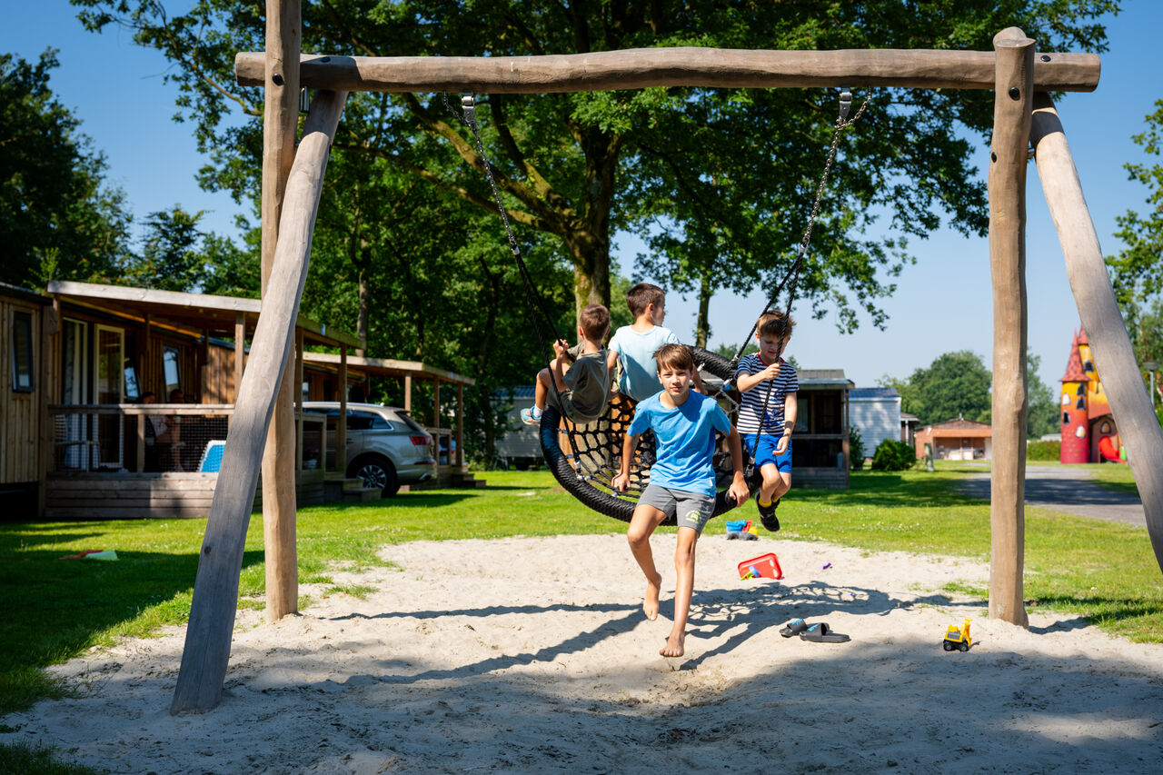 Enfants jouant sur balan�oire nid d'oiseau, aire de jeux au CAPFUN Fort Bedmar.