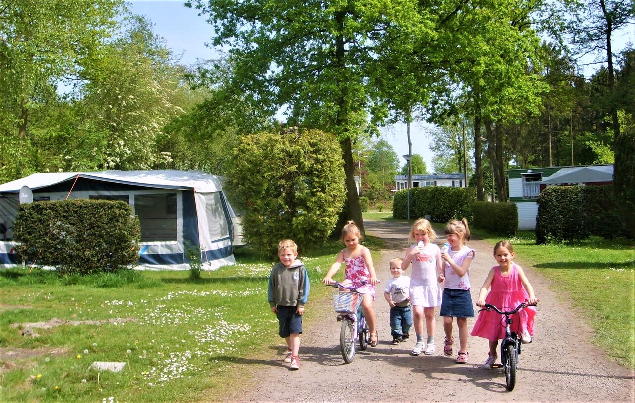 Enfants � v�lo et � pied sur chemin de camping, CAPFUN Fort Bedmar Sint-Gillis-Waas.