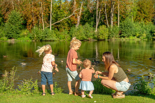 Famille nourrissant des canards au bord d'un lac au camping CAPFUN Fredland.