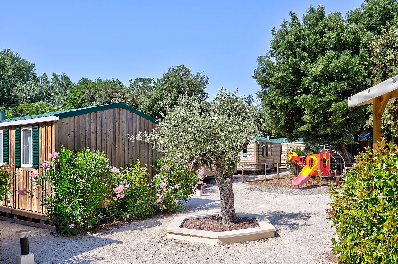 H�bergements en bois, aire de jeux pour enfants au camping CLICOCHIC Gorges du Gardon � VERS PONT DU GARD (30).