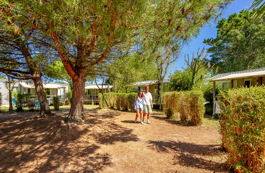 Allée ombragée avec Mobil-homes et couple au camping VAGUES OCEANES Grosses Pierres à Saint-Georges-d'Oléron (17).