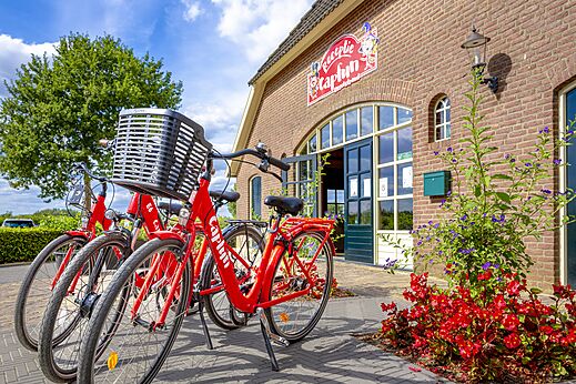 Vélos rouges à louer devant la réception au camping CAPFUN IJsselstrand à Doesburg.