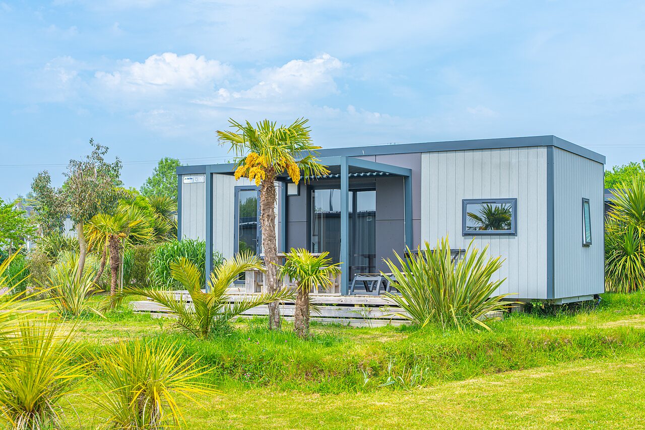 Mobil-home moderne avec terrasse et palmiers au camping VAGUES OCEANES Les Iles.