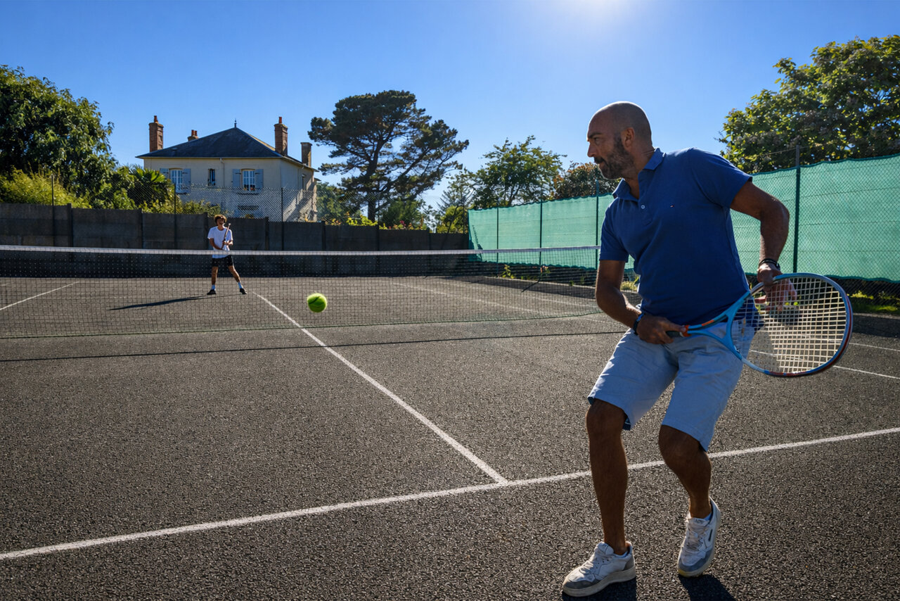 Joueurs de tennis sur le court ext�rieur au camping CLICOCHIC � Lannion.