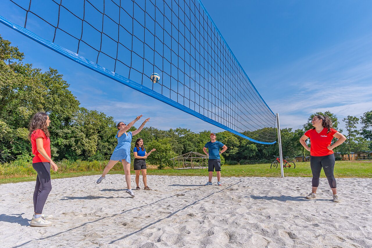 Partie de beach-volley sur terrain de sable au camping CAPFUN Lodge � SARZEAU (56).