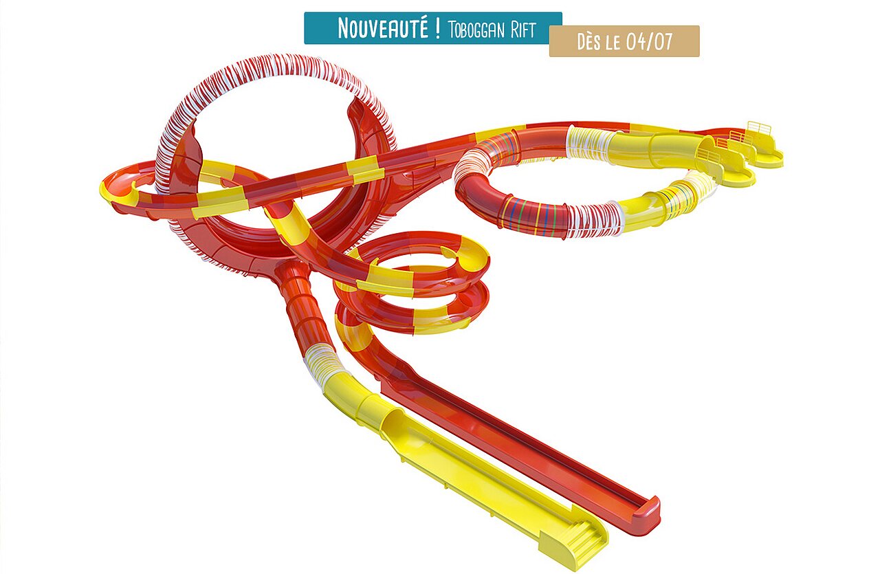 Toboggan aquatique g�ant Rift rouge et jaune au camping VAGUES OCEANES Micheli�re � Givrand (85).