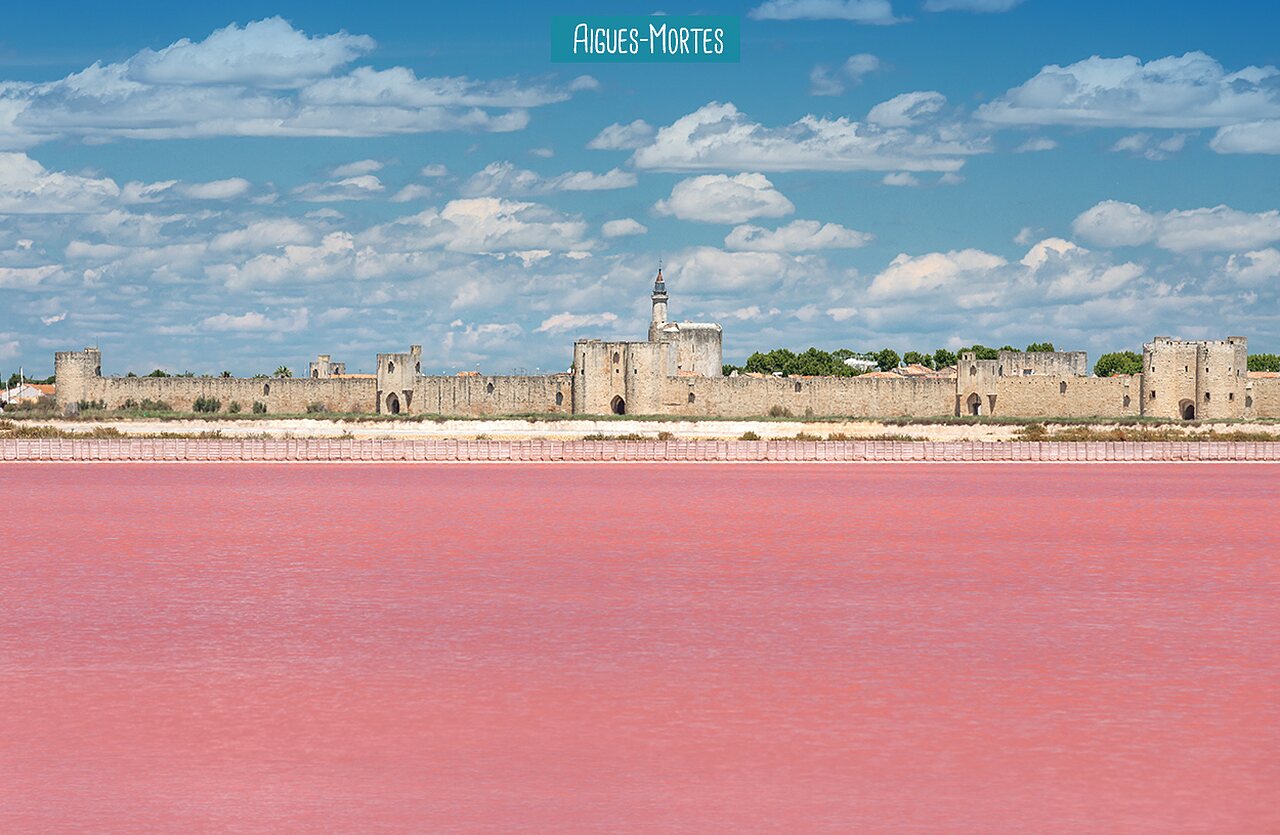 Remparts historiques d'Aigues-Mortes et salins roses en Camargue, Gard.