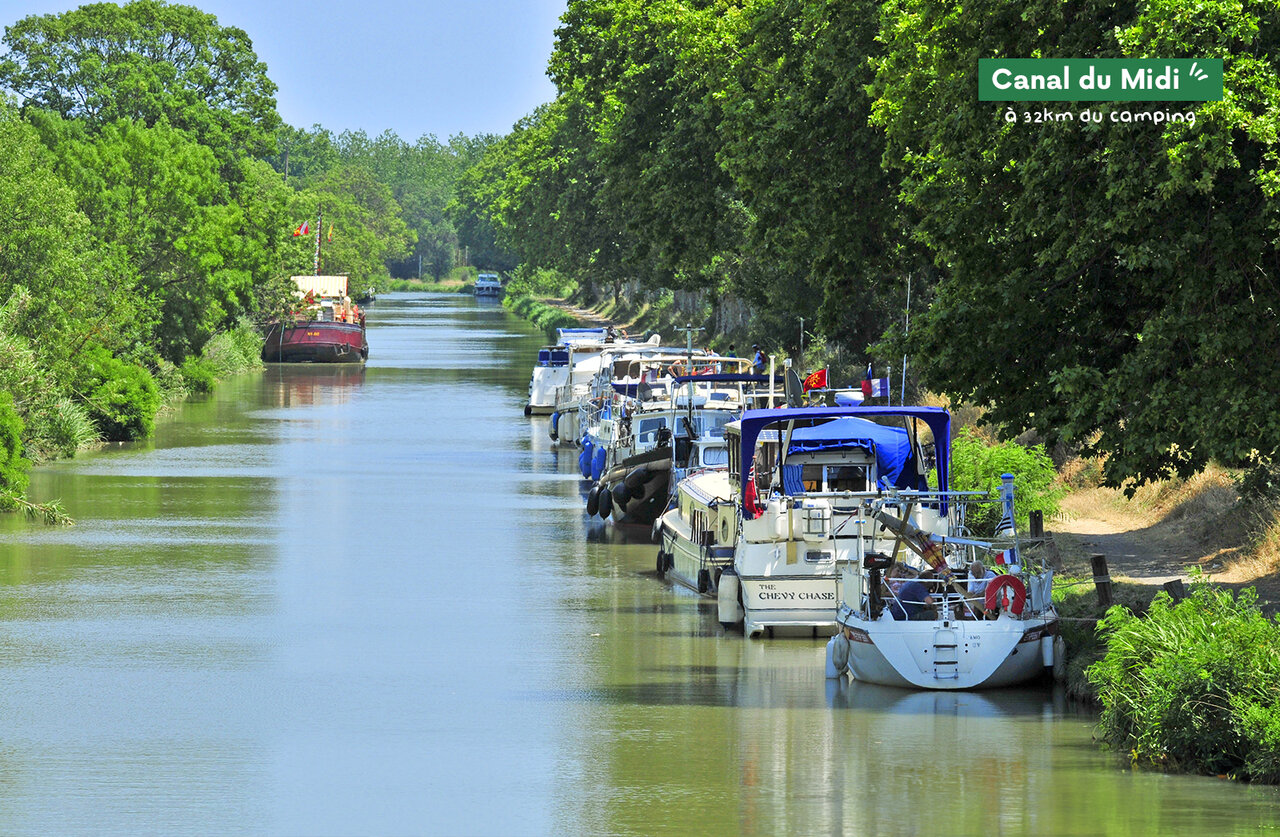 Bateaux amarr�s le long du Canal du Midi, site touristique pr�s de Marseillan-Plage.