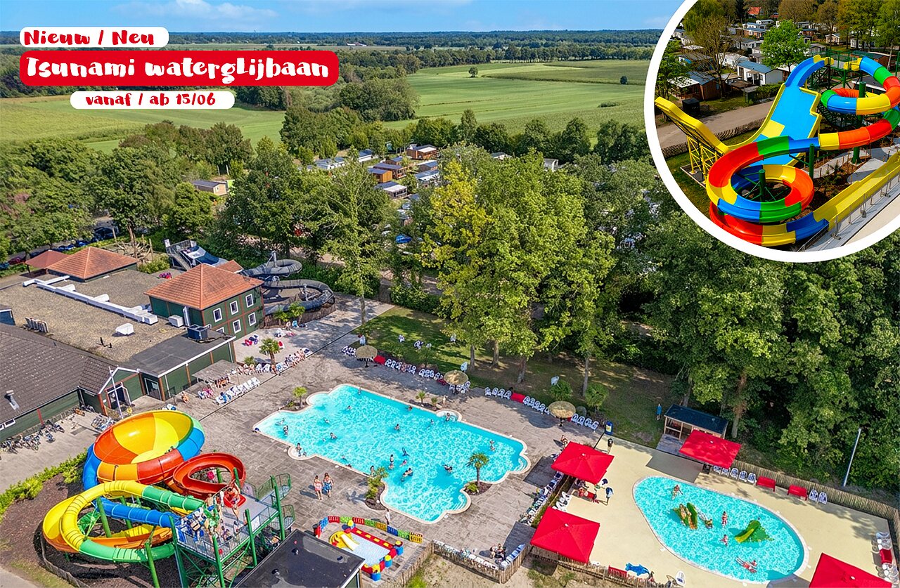 Piscines et toboggans aquatiques, avec le nouveau Tsunami, au camping CAPFUN Ponderosa � Ulicoten.