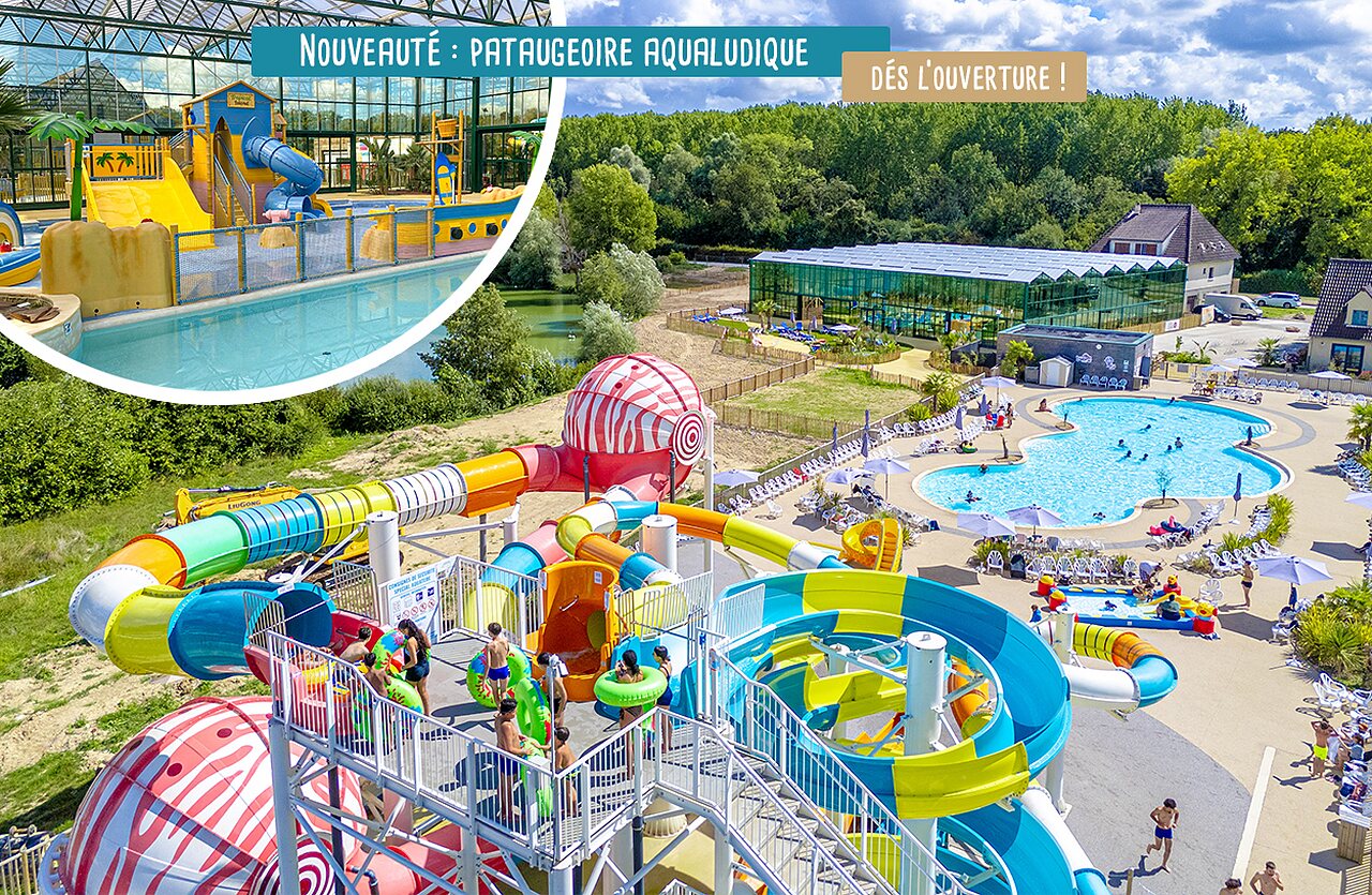 Parc aquatique avec toboggans, piscine ext�rieure et pataugeoire au camping VAGUES OCEANES Pr�s de la Fontaine � Gouaix (77).