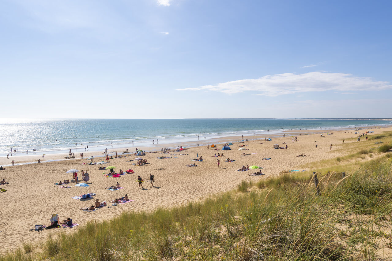 Plage de sable fin, baigneurs et dunes au camping CAPFUN Prises � La TRANCHE SUR MER.