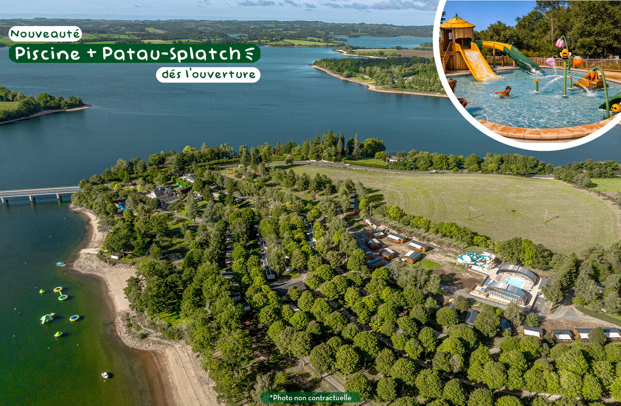 Vue a�rienne lac piscine au camping CLICOCHIC Soleil Levant � Canet-de-Salars.