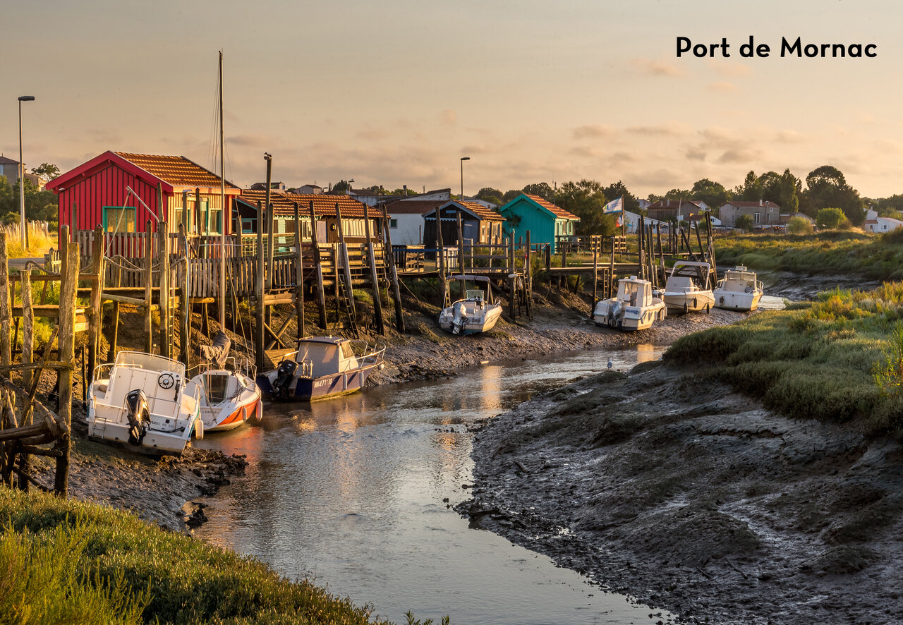 Port de Mornac-sur-Seudre, cabanes ostr�icoles color�es et bateaux �chou�s en Charente-Maritime.