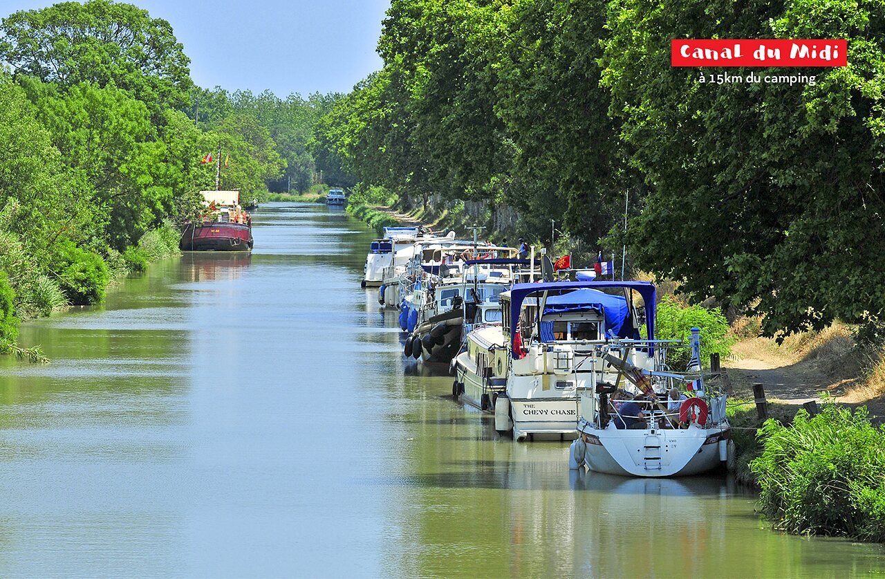 Canal du Midi avec p�niches et arbres verdoyants, pr�s de Serignan, H�rault.