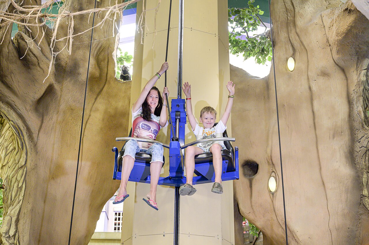 M�re et enfant sur attraction verticale int�rieure au camping CAPFUN Wondermolen � Molenschot.