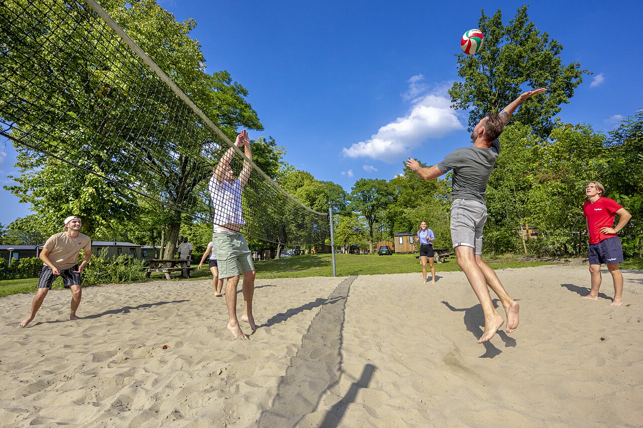 Joueurs de beach-volley sur terrain de sable au camping CAPFUN de Wondermolen � Molenschot.